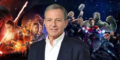 Bob Iger in the middle, flanked by Star Wars cast on left and Marvel Studios' Avengers on right