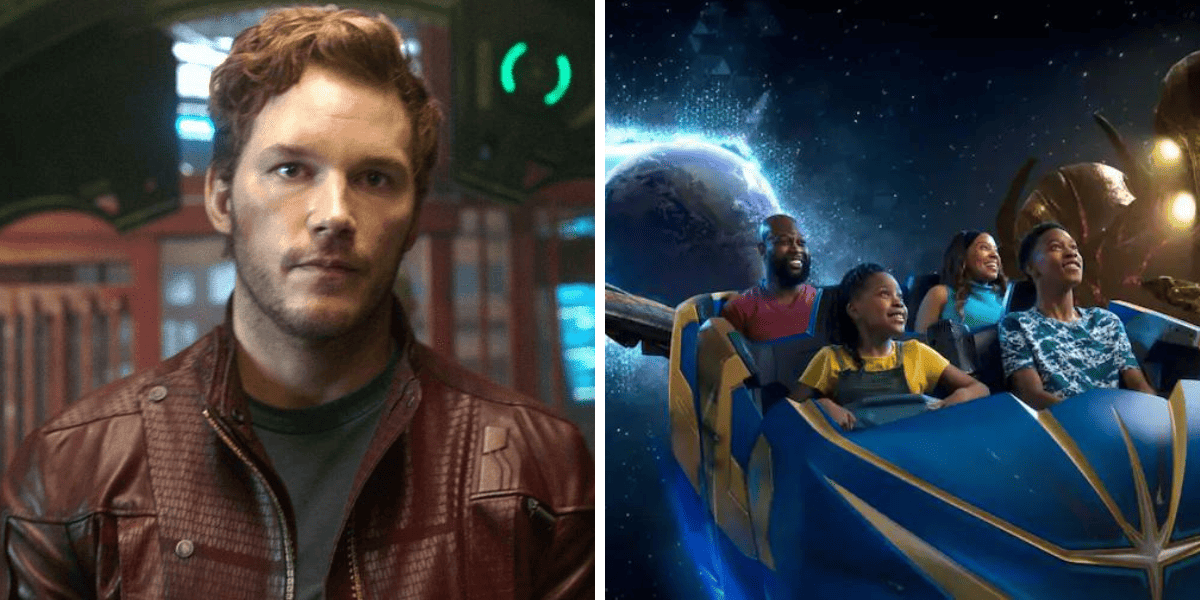 Left: Chris Pratt in 'Guardians of the Galaxy Vol. 3.' Right: Four guests soaring through space on Guardians of the Galaxy: Cosmic Rewind.