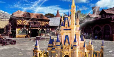 Cinderella Castle with an empty New Fantasyland in the background