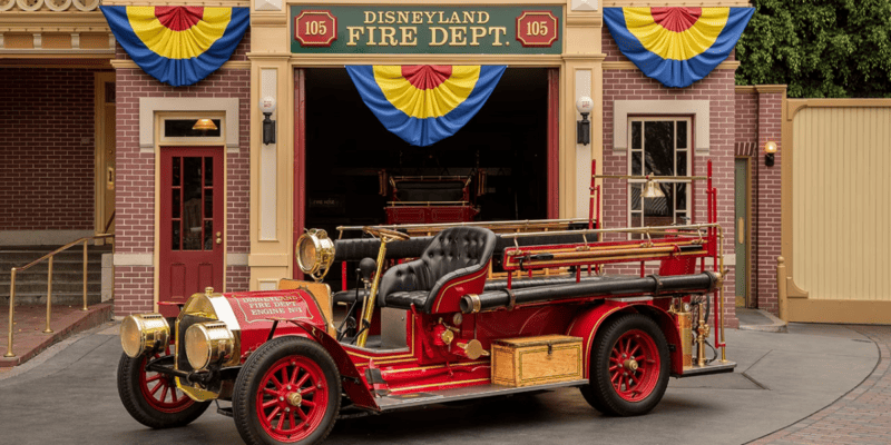 The Disneyland Fire Engine parked in front of the Disneyland Fire Dept. on Main Street, U.S.A.