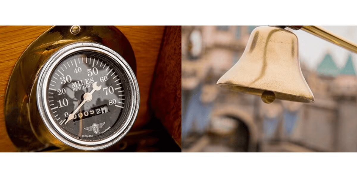 A speed gauge and a golden bell. 