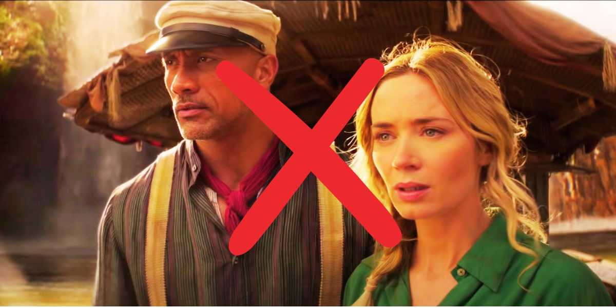 Dwayne Johnson as Frank Wolff (L) and Emily Blunt as Lily Houghton (R) in Jungle Cruise with an 'X' over the top