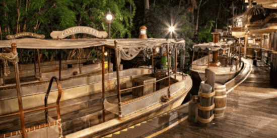 The Jungle Cruise Boats at Night.