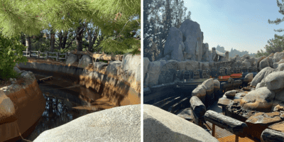 Two images of Grizzly River Run drained of water and empty of guests.