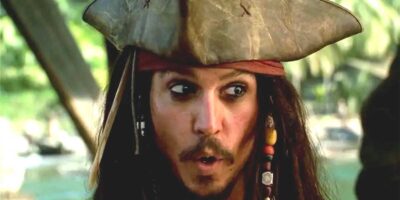 Johnny Depp looking surprised as Captain Jack Sparrow