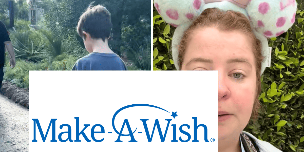 A young boy strolling through the park, accompanied by a smiling woman wearing Mickey ears, with the Make-A-Wish logo prominently displayed over the scene—capturing a magical Disney Parks moment made possible by Make-A-Wish.