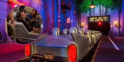 An image of a guest stuck on rock n roller coaster in front of a picture of the beginning of rock 'n' roller coaster