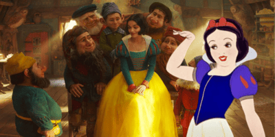 Rachel Zegler sits with the Dwarfs in the live-action 'Snow White.' An image of the animated Snow White waving has been added over the photo.