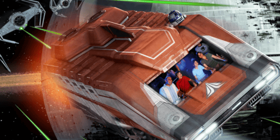 Guests ride a digital rendering of the outside of the Star Wars ride vehicle.