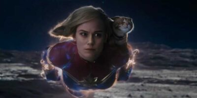 Captain Marvel (Brie Larson) flying with Goose in 'The Marvels'