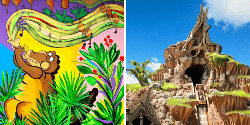 Left: A mural of Louis comes to life on Tiana's Bayou Adventure. Right: Splash Mountain's exterior while it was still operating.