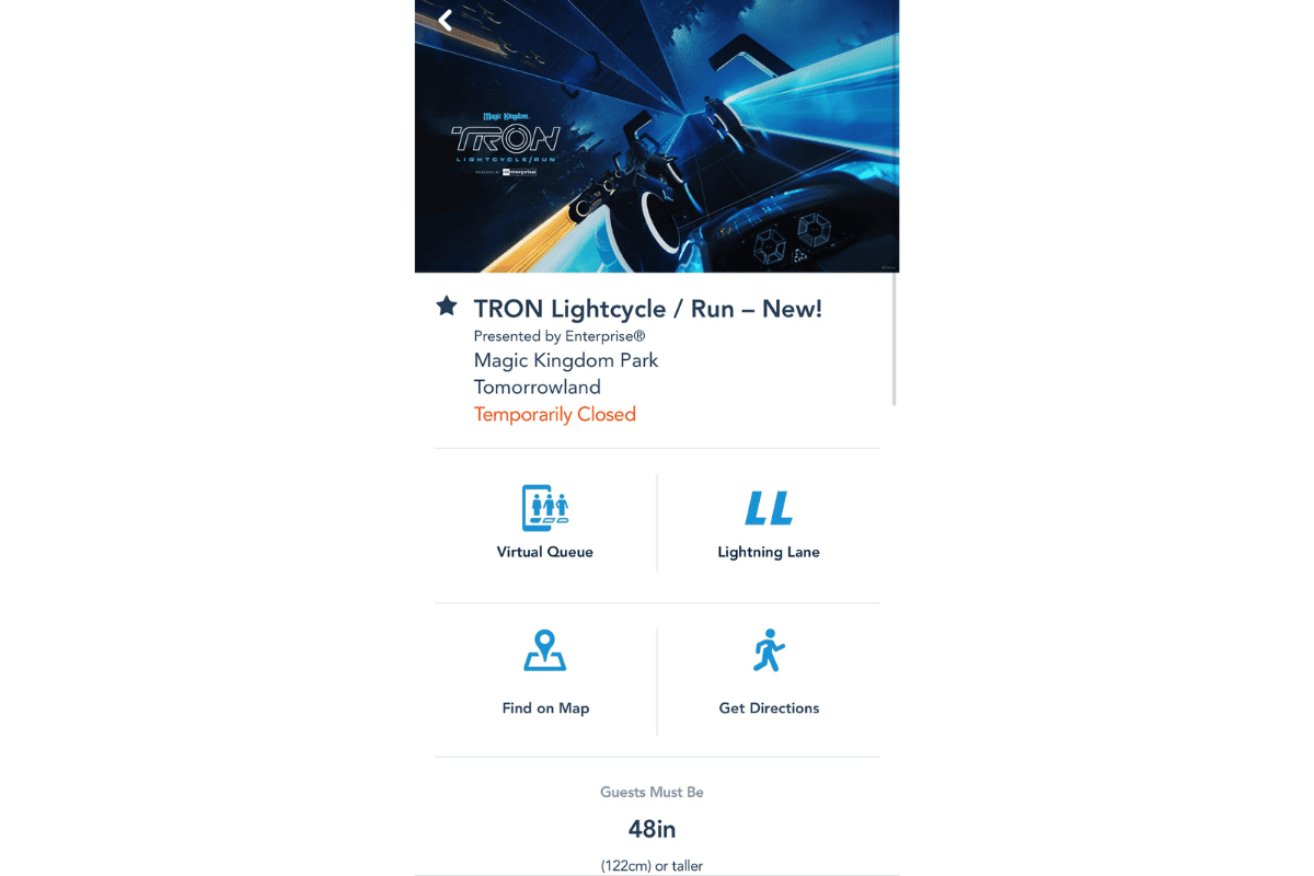 A screenshot of the My Disney Experience app showing that the TRON Lightcycle / Run ride is closed on the afternoon of Tuesday, October 10. 