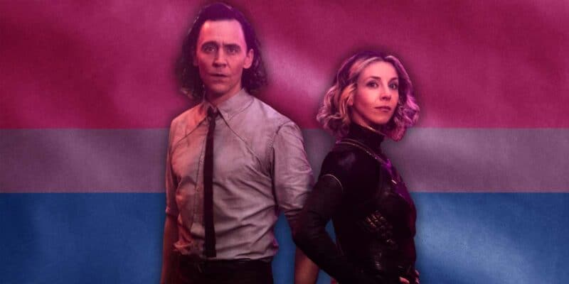Loki and Sylvie in front of bisexual pride flag