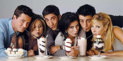 'Friends' cast sipping milkshakes: L-R: Chandler Bing (Matthew Perry), Rachel Green (Jennifer Aniston), Ross Geller (David Schwimmer), Monica Geller (Courtney Cox), and Joey Tribbiani (Matt LeBlanc)