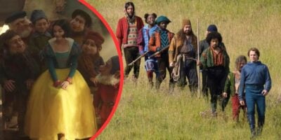 A person in a yellow skirt and blue top stands among seven dwarfs on the left side of a split image, reminiscent of Snow White. The right side shows a group dressed in colorful medieval-like attire walking through a grassy field, including the same person now dressed in modern clothing.
