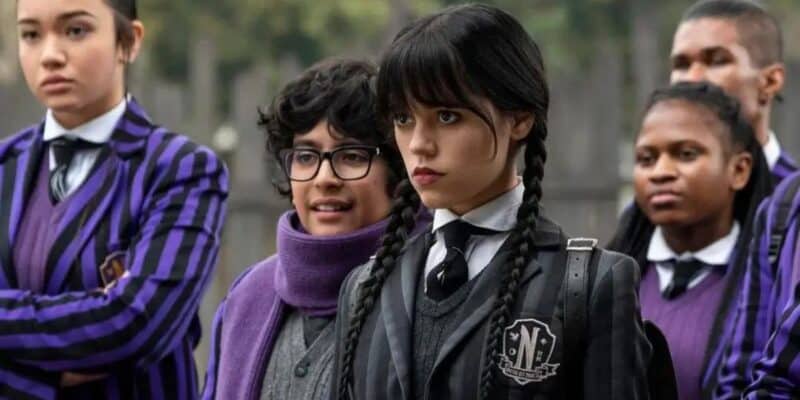 Jenna Ortega as Wednesday with other students of Nevermore