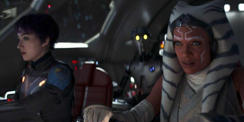 Ahsoka (Rosario Dawson) and Sabine (Natasha Liu Bordizzo) riding in Ahsoka's starship in 'Ahsoka'