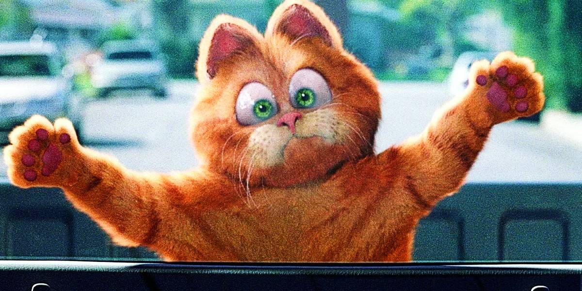 CGI Garfield clinging to a window