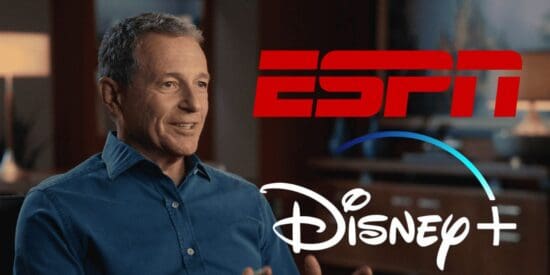 Bob Iger sitting alongside ESPN and Disney+ logos
