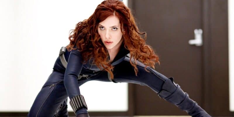 Black Widow in her traditional three-point pose