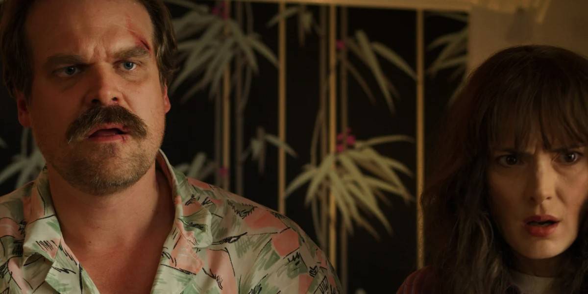 David Harbour and Winona Ryder looking shocked in Stranger Things