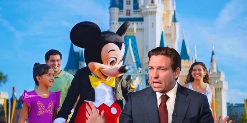 Mickey Mouse cast member looking down at Ron DeSantis