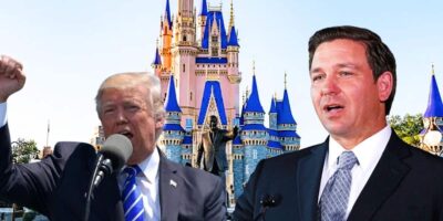 Donald Trump and Ron DeSantis superimposed in front of Walt Disney statue and castle