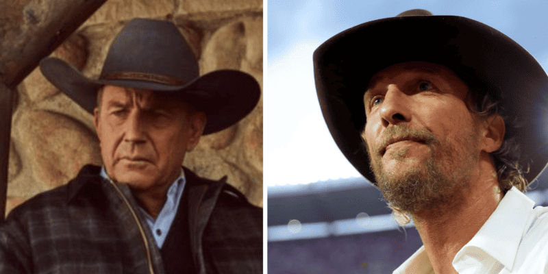 Kevin Costner in Yellowstone and Matthew McConaughey side by side