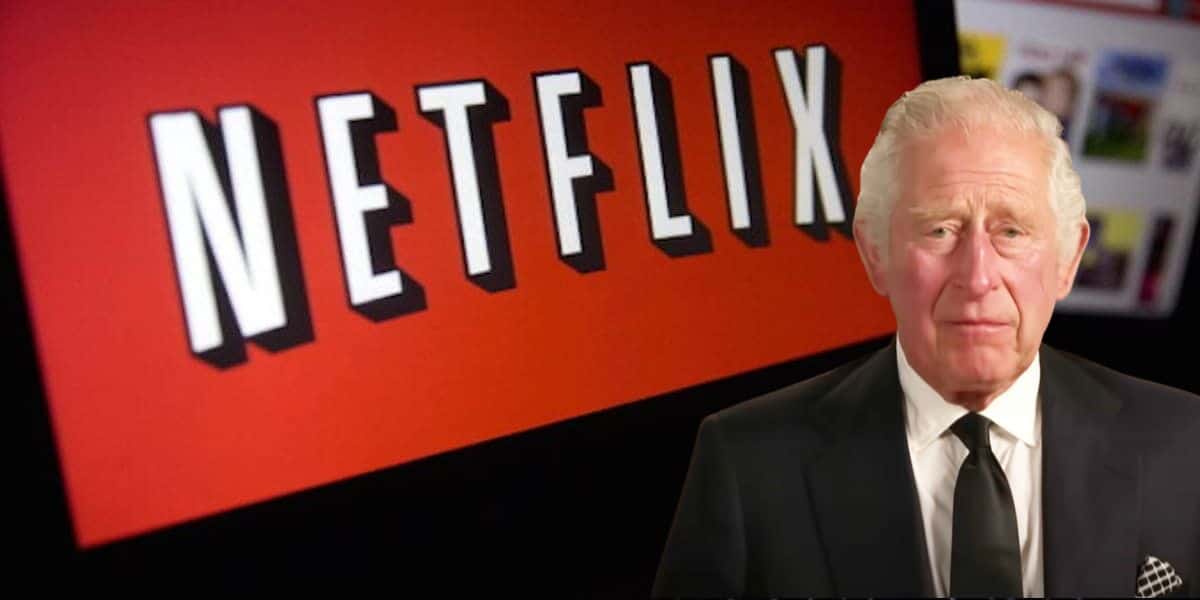 Image of King Charles III against a laptop opened to Netflix