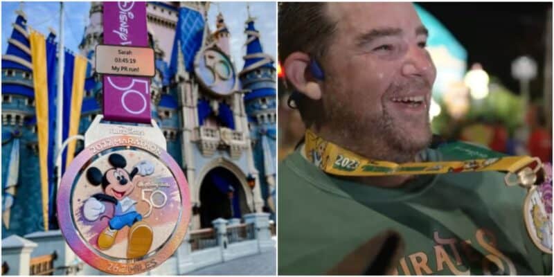 The medal for the 50th anniversary Disney marathon, Zack Bernstein holding his medal proudly