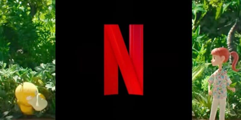 Psyduck and a woman inside of a jungle surrounding the Netflix logo