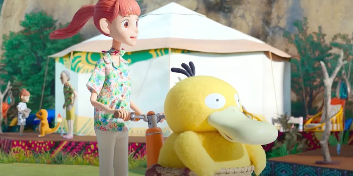 A woman riding a scooter with Psyduck in the basket in a tropical campground