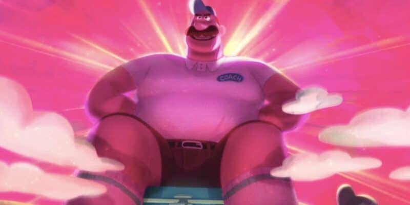 A softball coach looming as a giant figure with light behind him on a pink sky