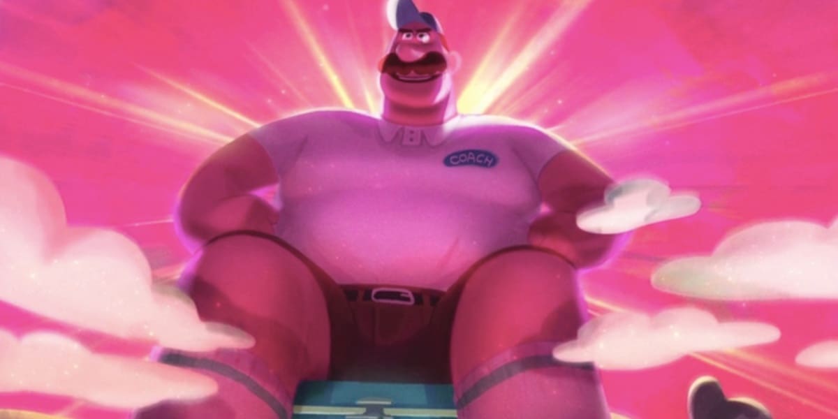 A softball coach looming as a giant figure with light behind him on a pink sky