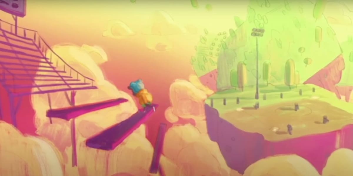 A sad child climbing benches into a bleacher in the clouds far away from a baseball field