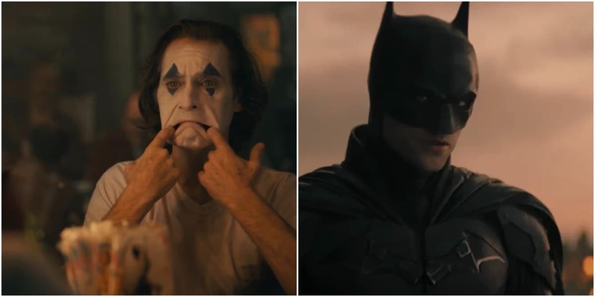 Joaquin Phoenix as The Joker making his mouth frown, Roobert Pattinson as Batman looking forlorn in front of a cloudy sky DCU