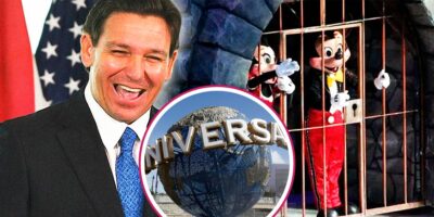 Governor DeSantis smiling on the left, and Mickey and Minnie Mouse on the right
