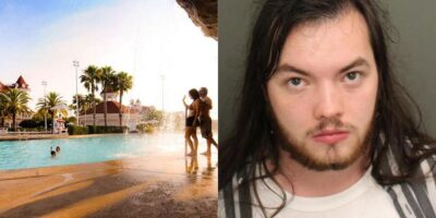 Photo of Disney's Grand Floridian Resort with a man's mugshot.