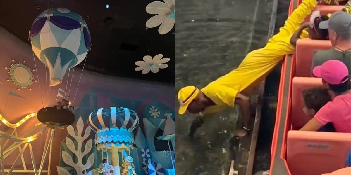 A man leaps from a boat on "it's a small world."