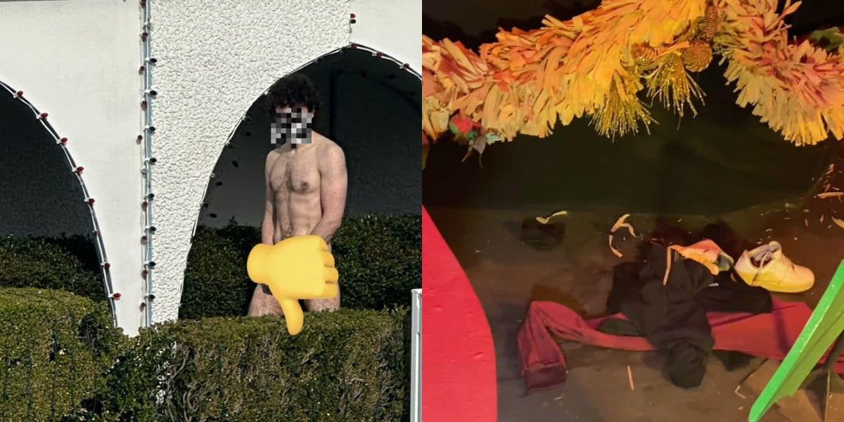 Guest strips and walks through water on "it's a small world." in Disneyland.