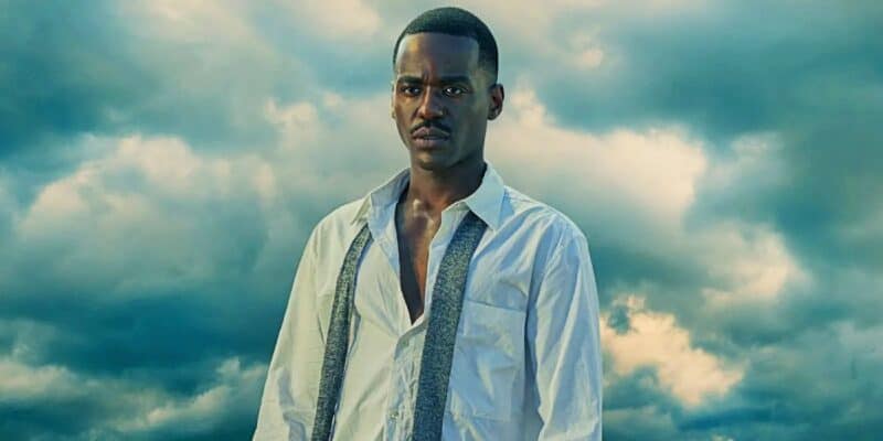 Ncuti Gatwa as the Fifteenth Doctor, wearing an open white shirt