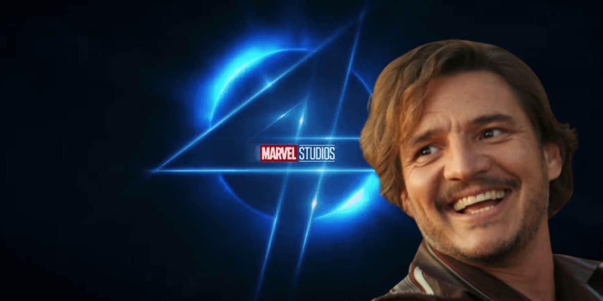 Pedro Pascal smiling goofily over the Fantastic Four logo
