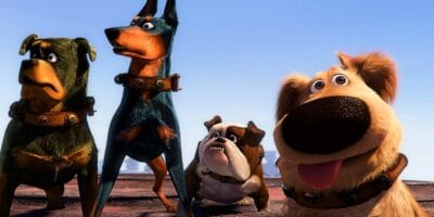 Various dogs looking riveting in the Pixar movie Up
