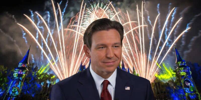 Governor Ron DeSantis surrounded by fireworks as Disney Magic Kingdom