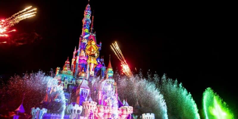 Fireworks above the castle at Hong Kong Disneyland