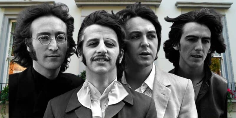 The Beatles posed in front of the studio entrance