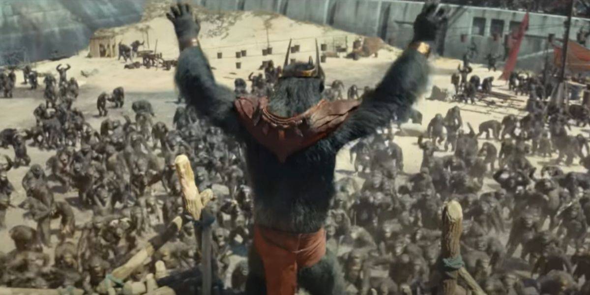 Proximus Caesar (Kevin Durand) talking to the apes in the 'Kingdom of the Planet of the Apes' trailer