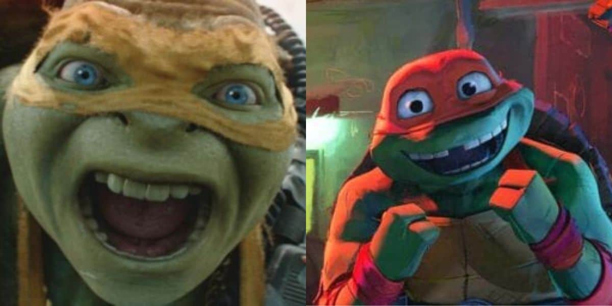 (L) Michelangelo screaming in 'Out of the Shadows' (R) Raphael smiling in 'Mutant Mayhem'