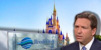 The former Reedy Creek signage inside of Magic Kingdom Disney Park in Disney World with Ron DeSantis looking shocked.