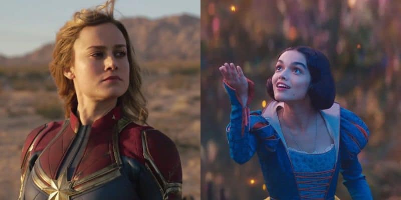 Brie Larson as Captain Marvel (left), Rachel Zegler as Snow White (right)